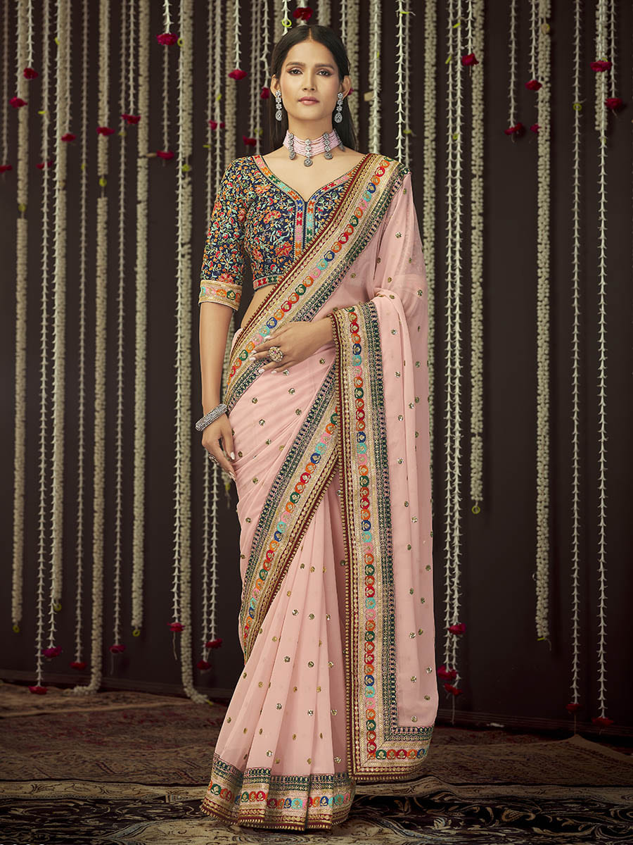 Myra Baby Pink Art Silk Heavy Embroidered Designer Saree - Distacart
