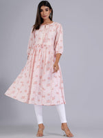 Thumbnail for HERE&NOW Peach & White Floral Printed Tie-Up Neck Cotton A-Line Kurta - Distacart