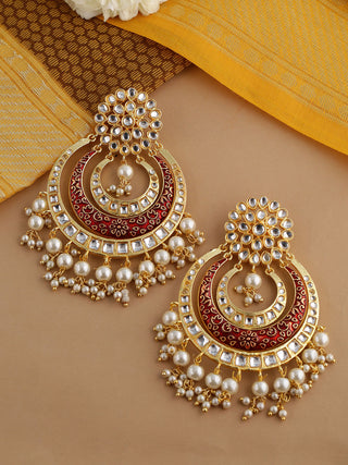 Shoshaa Red & Off-White Kundan Studded & Beaded Crescent Shaped Chandbalis - Distacart