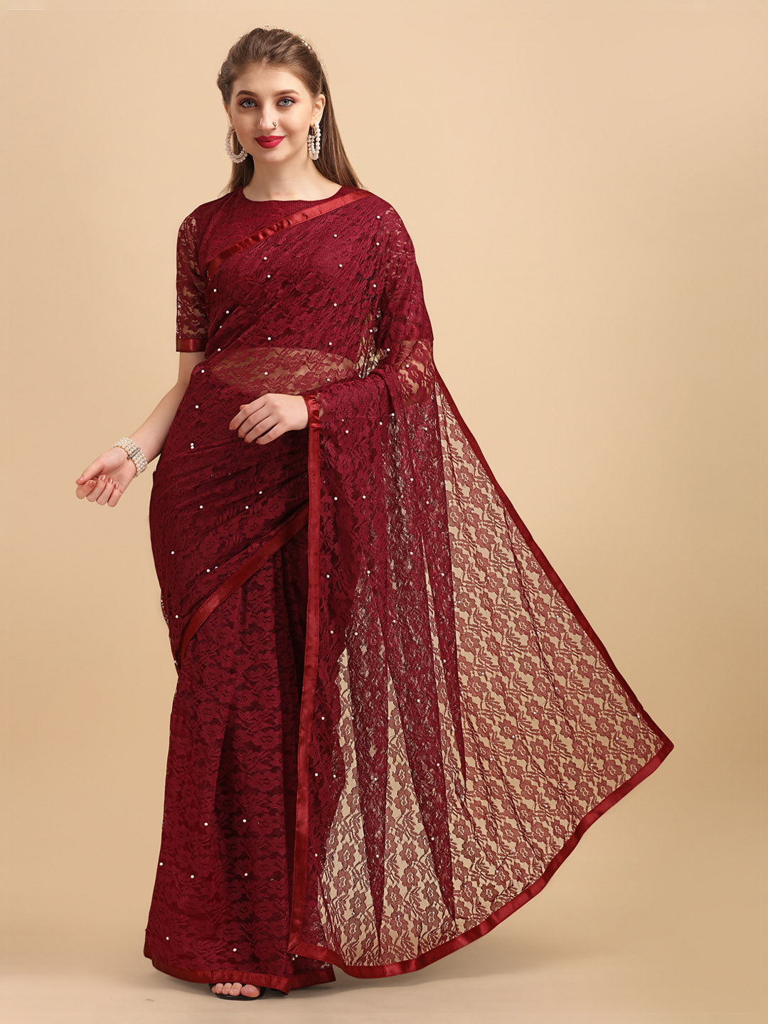 Sangria Maroon Floral Self Design Lace Saree - Distacart