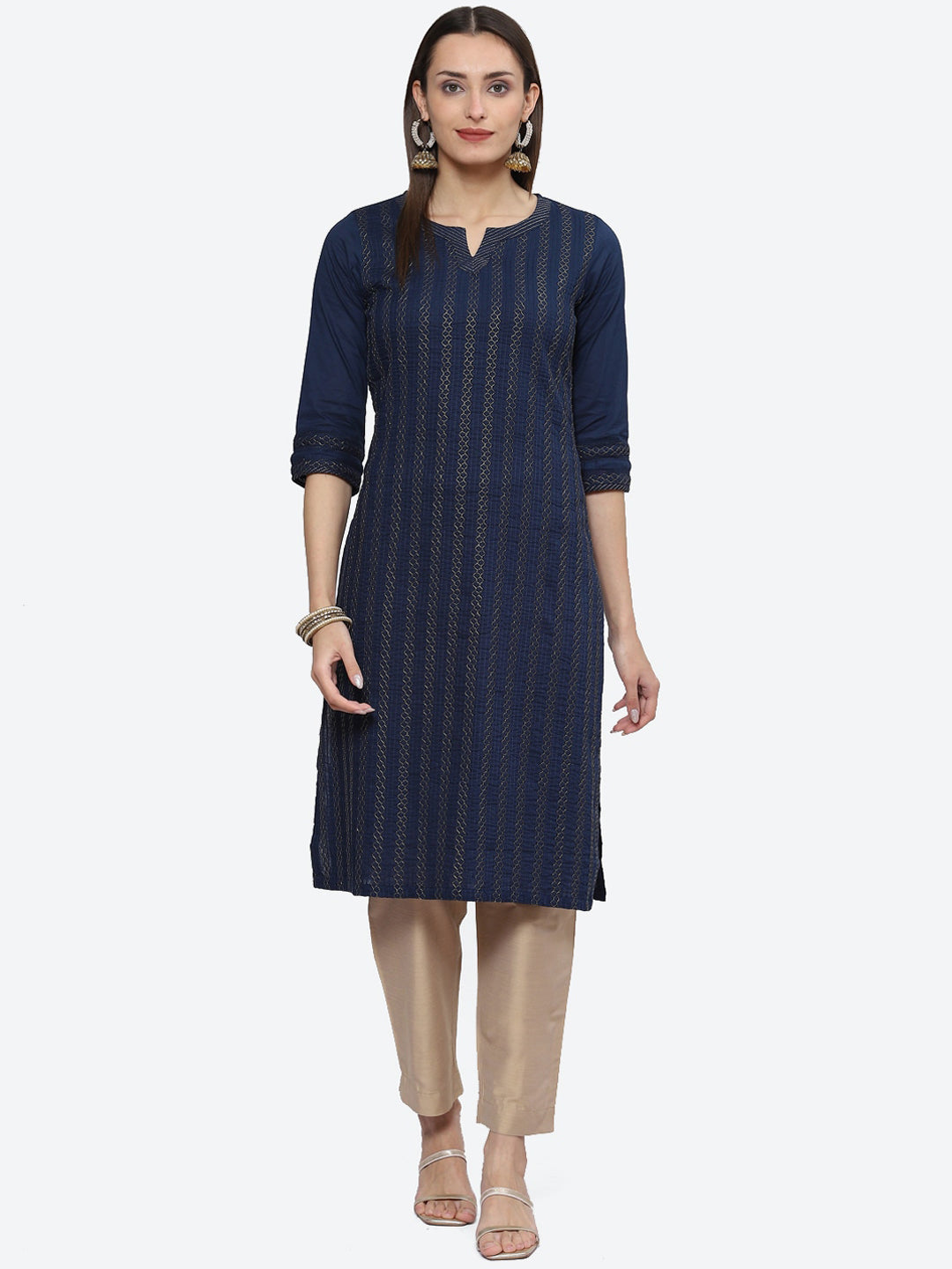 Biba Notched Neck Embellished Straight Pure Cotton Kurta - Distacart