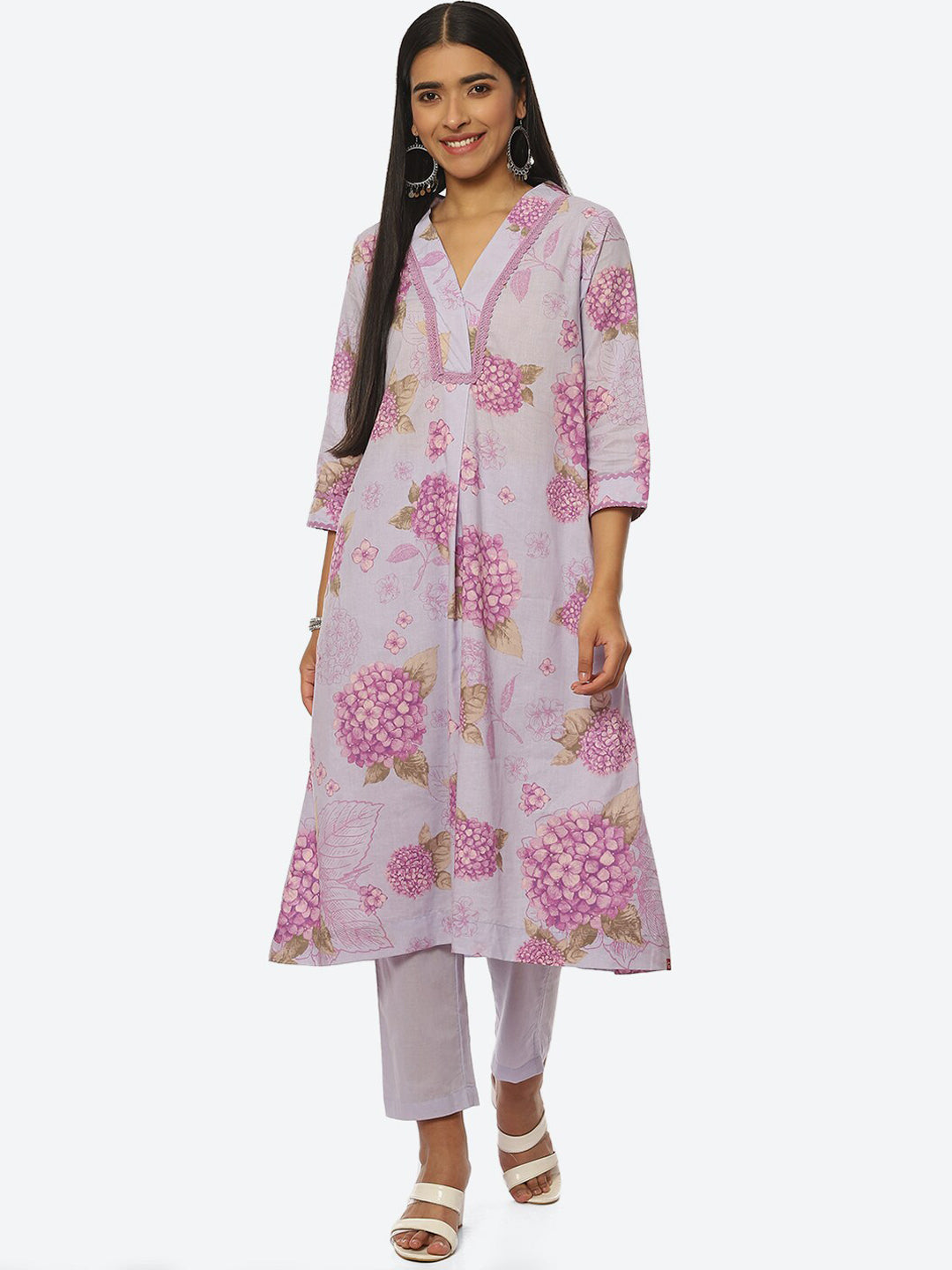 Biba Women Floral Printed Shawl Collar Kurta with Trousers - Distacart