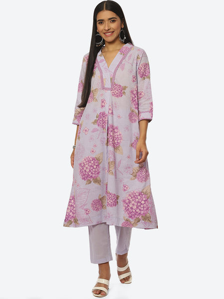 Biba Women Floral Printed Shawl Collar Kurta with Trousers - Distacart