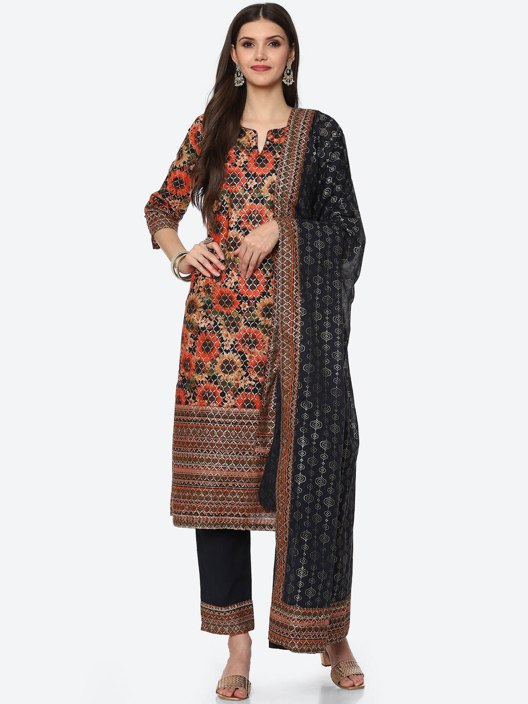 Biba Women Black Floral Printed Kurta with Trousers & With Dupatta - Distacart