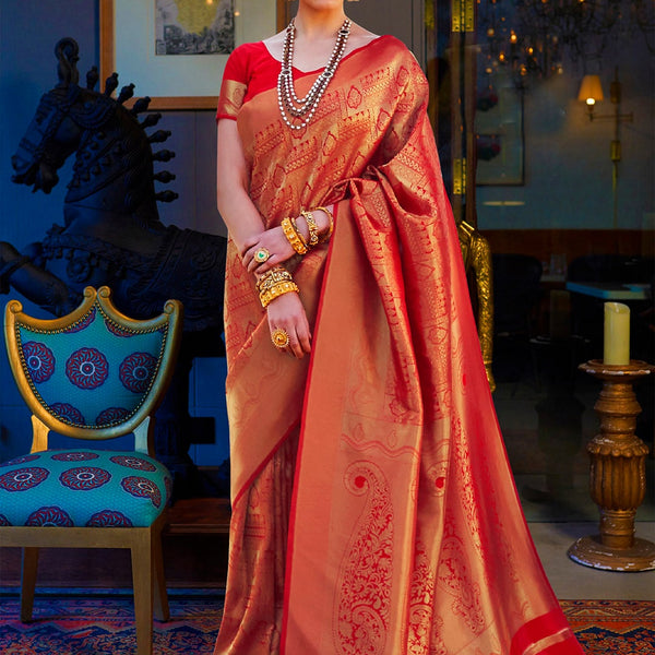 Mitera Red & Gold-Toned Zari Silk Blend Kanjeevaram Saree - Distacart