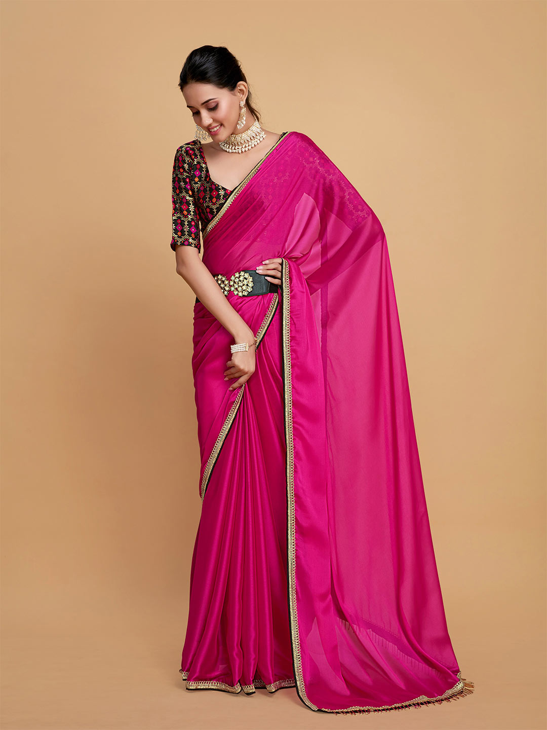Sangria Pink & Beige Embellished Border Zari Silk Blend Saree - Distacart