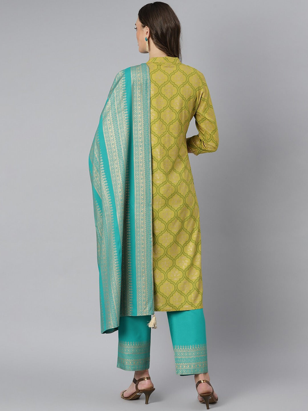 Khushal K Women Turquoise Blue Ethnic Motifs Printed Gotta Patti Kurta with Trousers & With Dupatta - Distacart