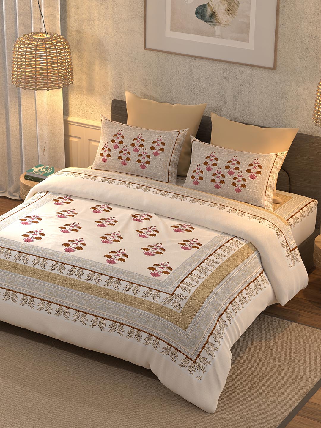 BELLA CASA Grey & Maroon Printed 350 TC Cotton King Bedsheet With 2 Pillow Covers - Distacart