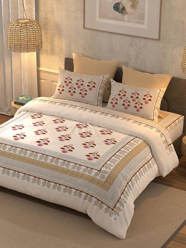 BELLA CASA Grey & Maroon Printed 350 TC Cotton King Bedsheet With 2 Pillow Covers - Distacart