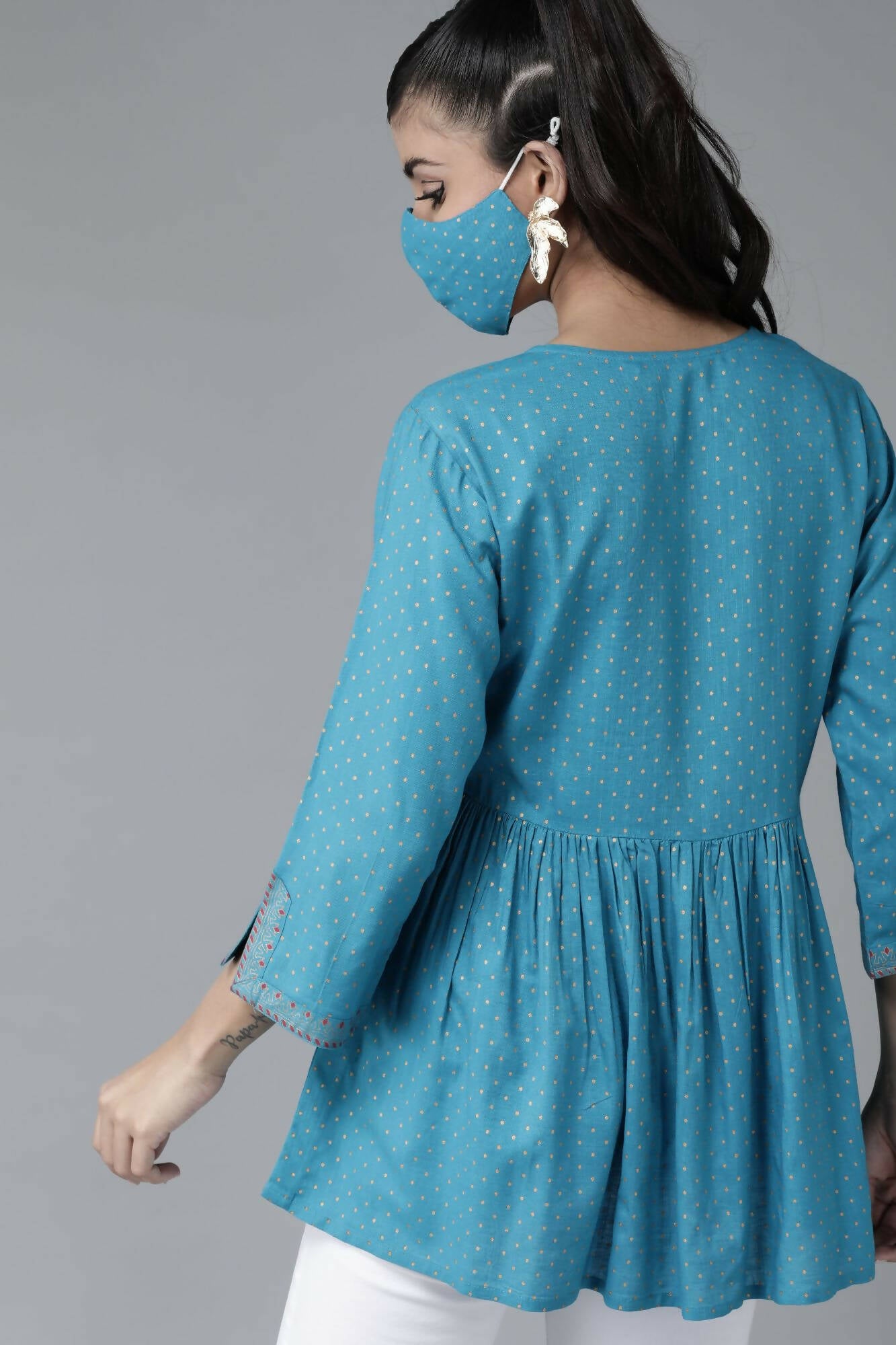 Juniper Women Skyblue Rayon Slub Polka Print Peplum Tunic - Distacart
