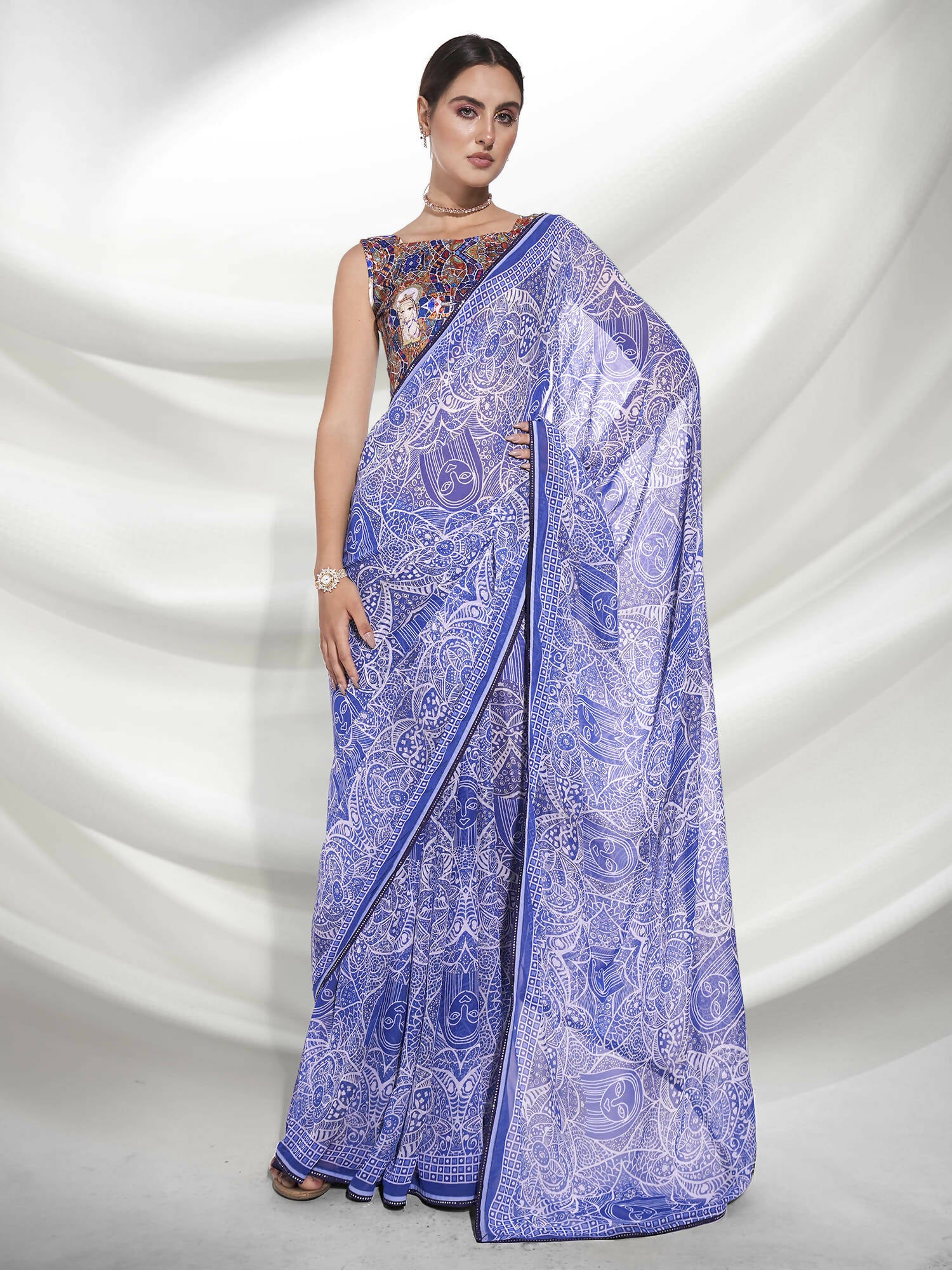 Blue Georgette Floral Printed Saree With Unstitched Blouse Piece - Rajal - Distacart