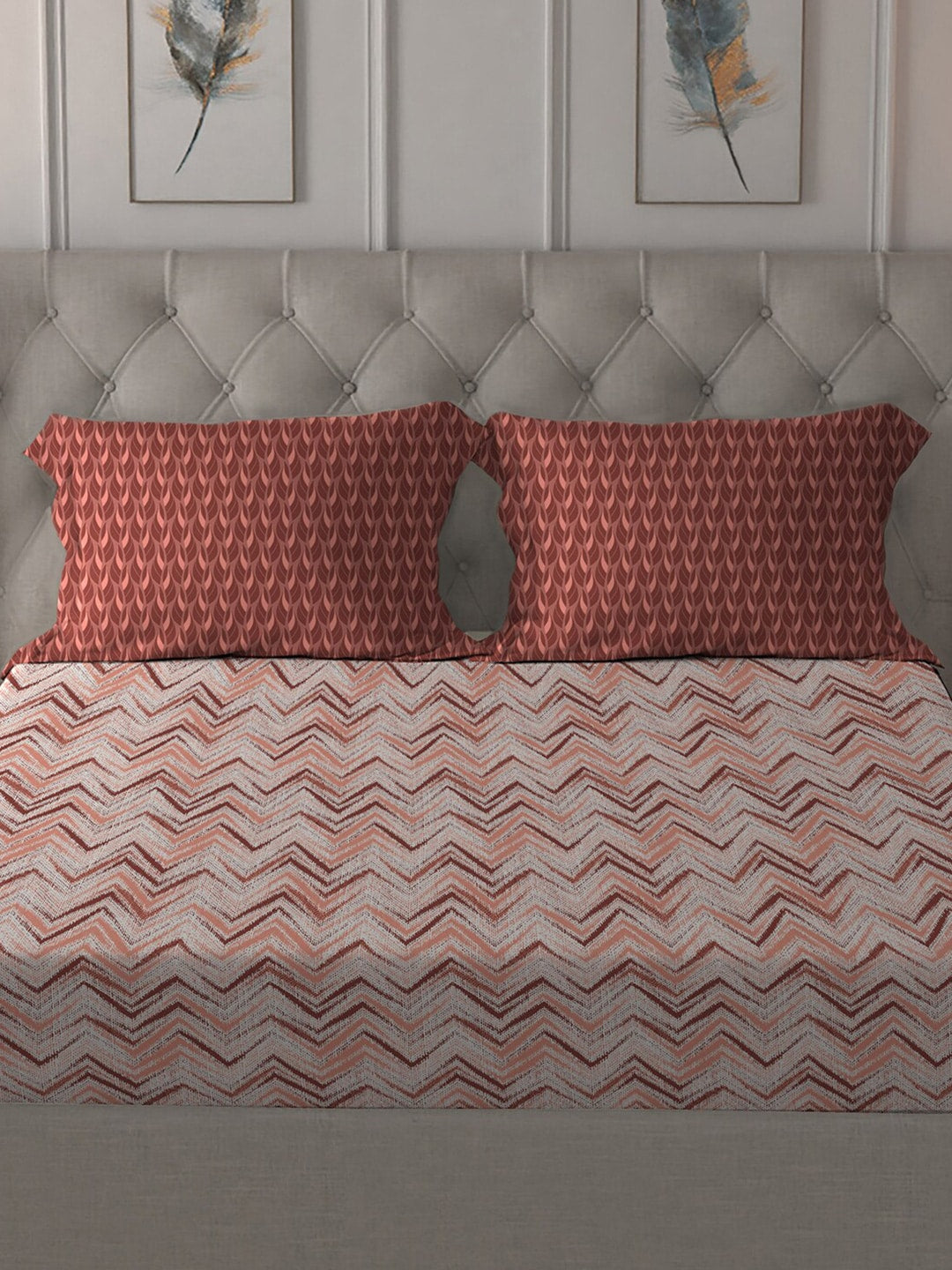 MYTRIDENT Peach Maroon Geometric Pure Cotton 144 TC Queen Bedsheet Pillow Covers - Distacart