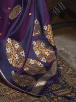 Thumbnail for Mitera Purple & Brown Floral Zari Silk Blend Banarasi Saree - Distacart
