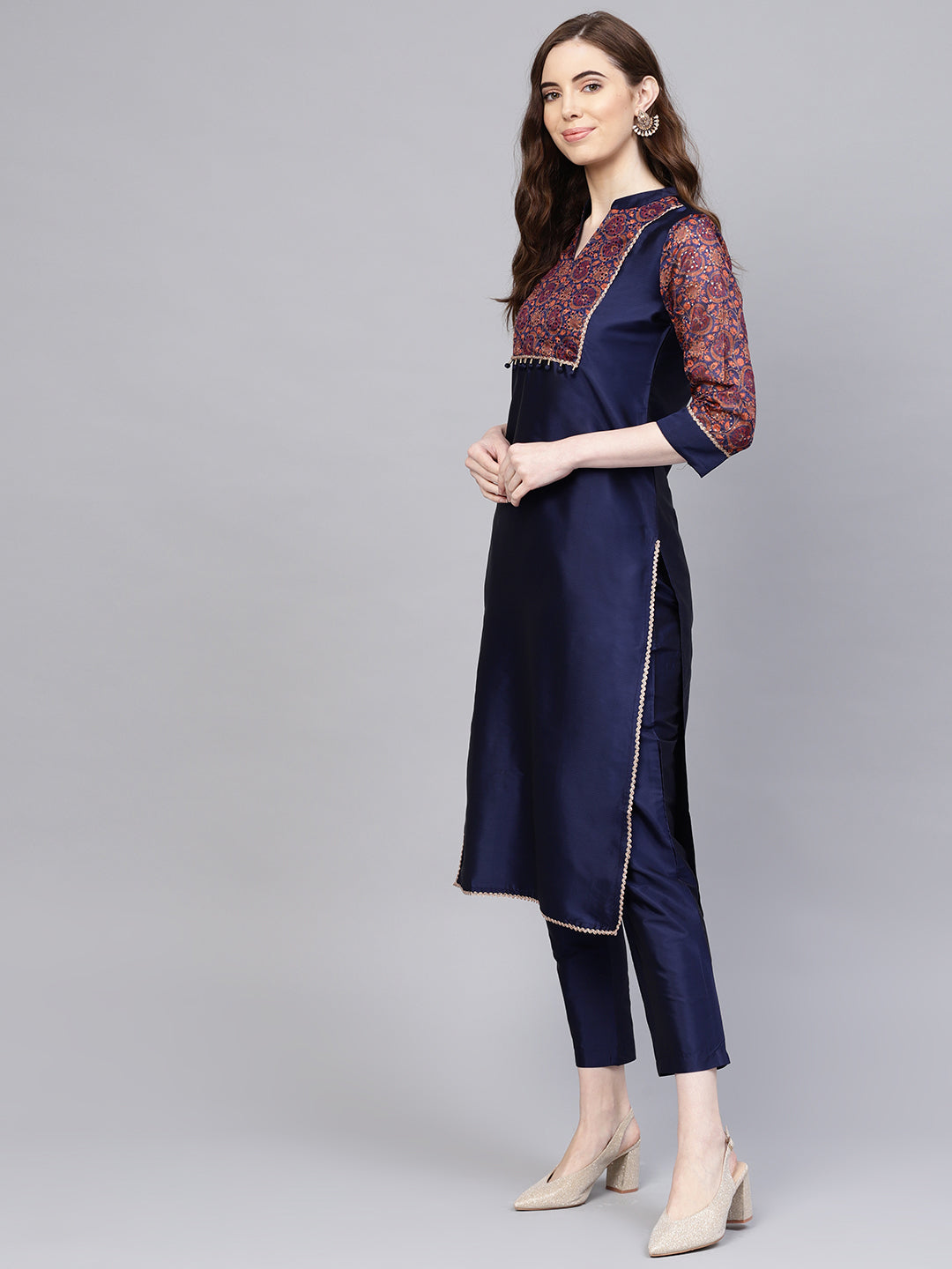 Jaipur Kurti Women Navy Blue Yoke Design Kurta with Trousers - Distacart