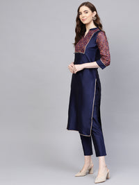 Thumbnail for Jaipur Kurti Women Navy Blue Yoke Design Kurta with Trousers - Distacart