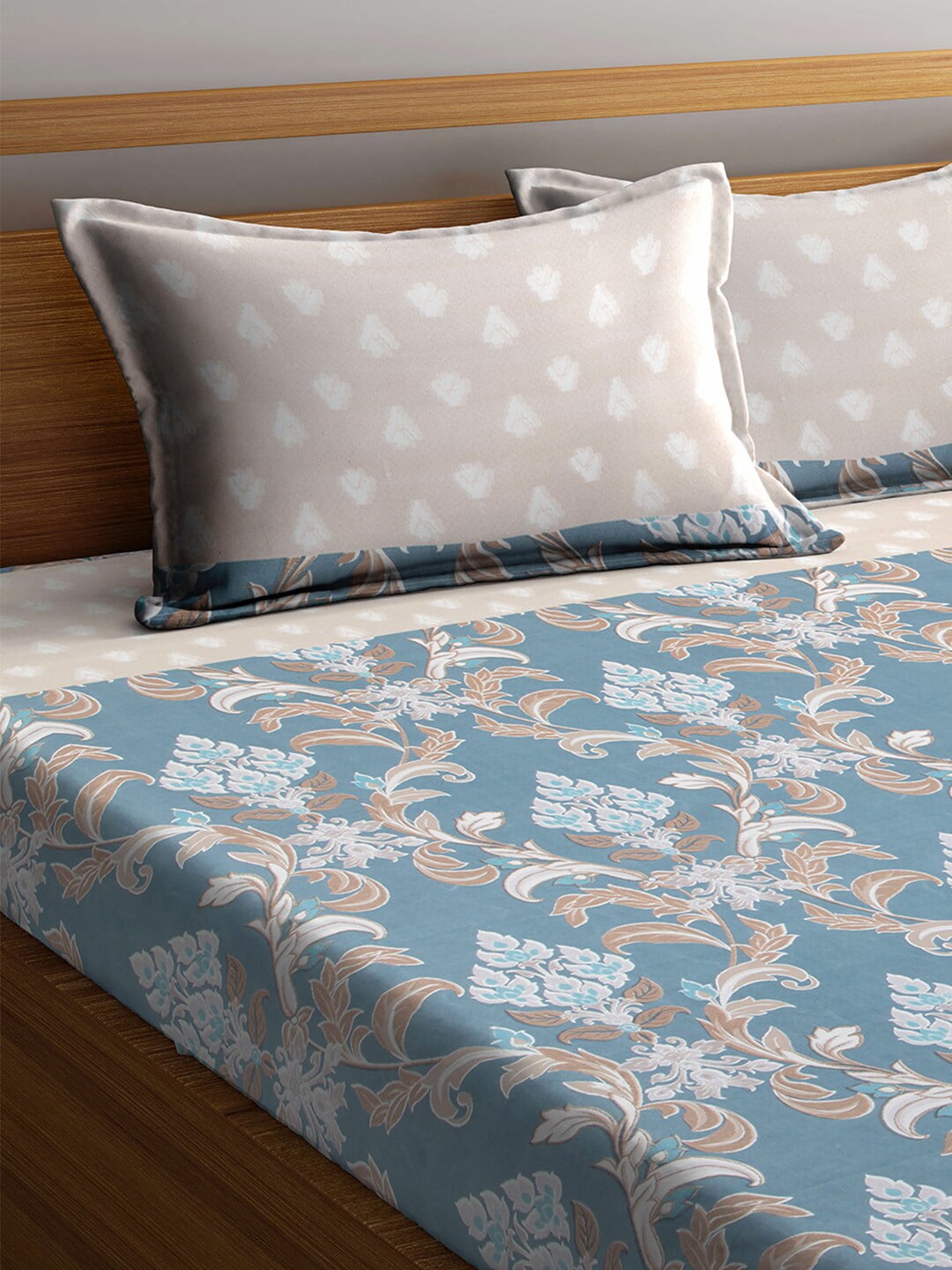 Arrabi Beige & Blue Floral 300 TC Super King Bedsheet With 2 Pillow Covers - Distacart