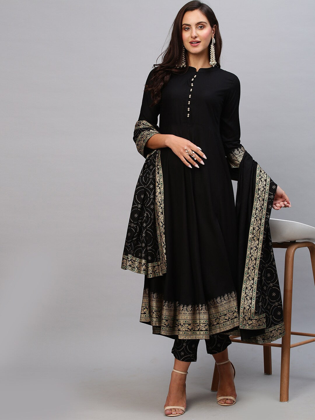 Kalini Women Black Solid Anarkali Kurta with Trousers & With Dupatta - Distacart