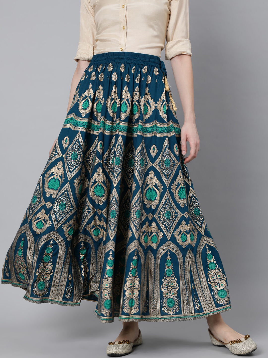 Jaipur Kurti Women Turquoise Blue & Gold-Coloured Printed Maxi-Length Skirt - Distacart