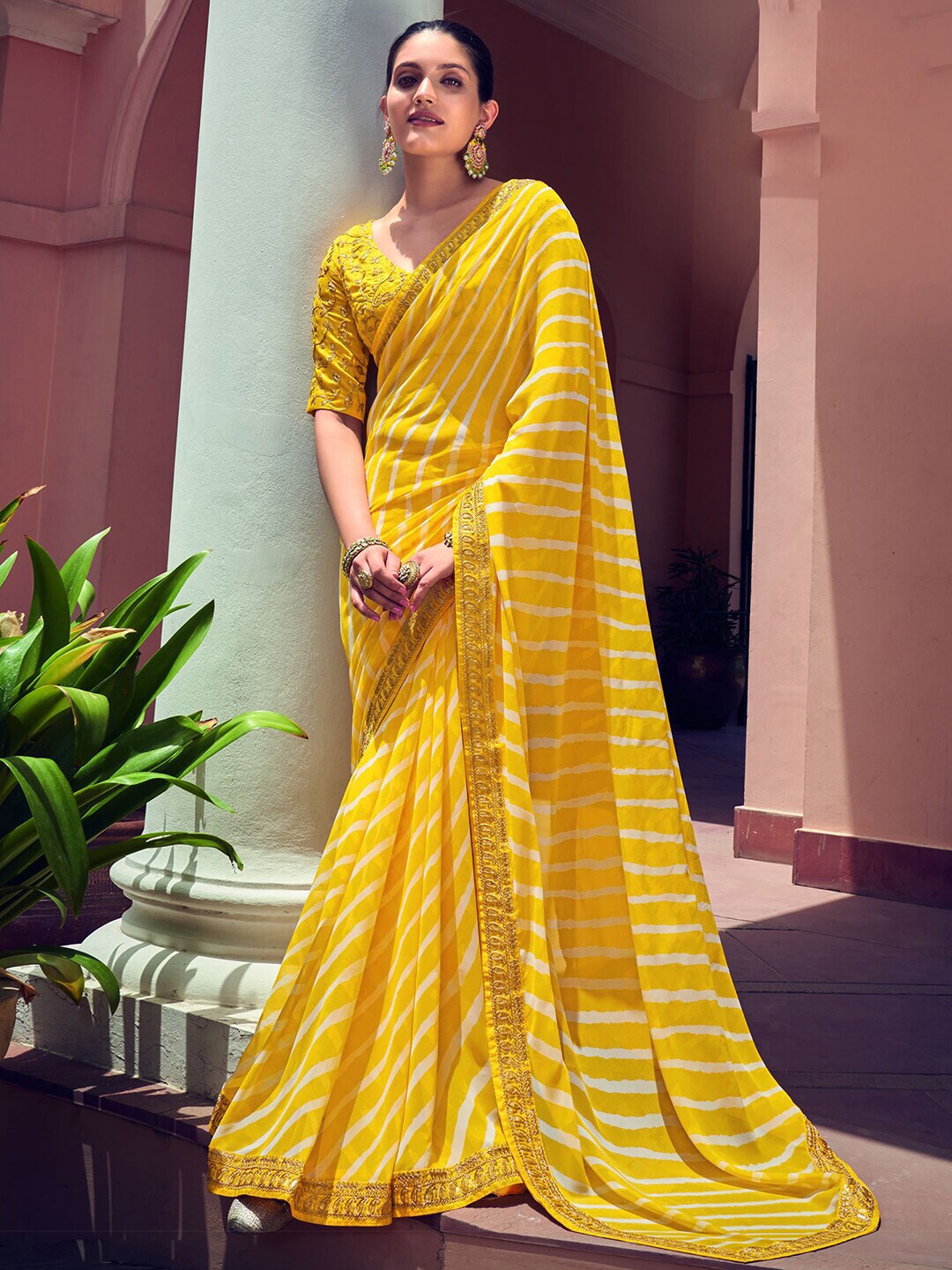 Mitera Yellow & White Leheriya Printed Embroidered Poly Georgette Leheriya Saree - Distacart