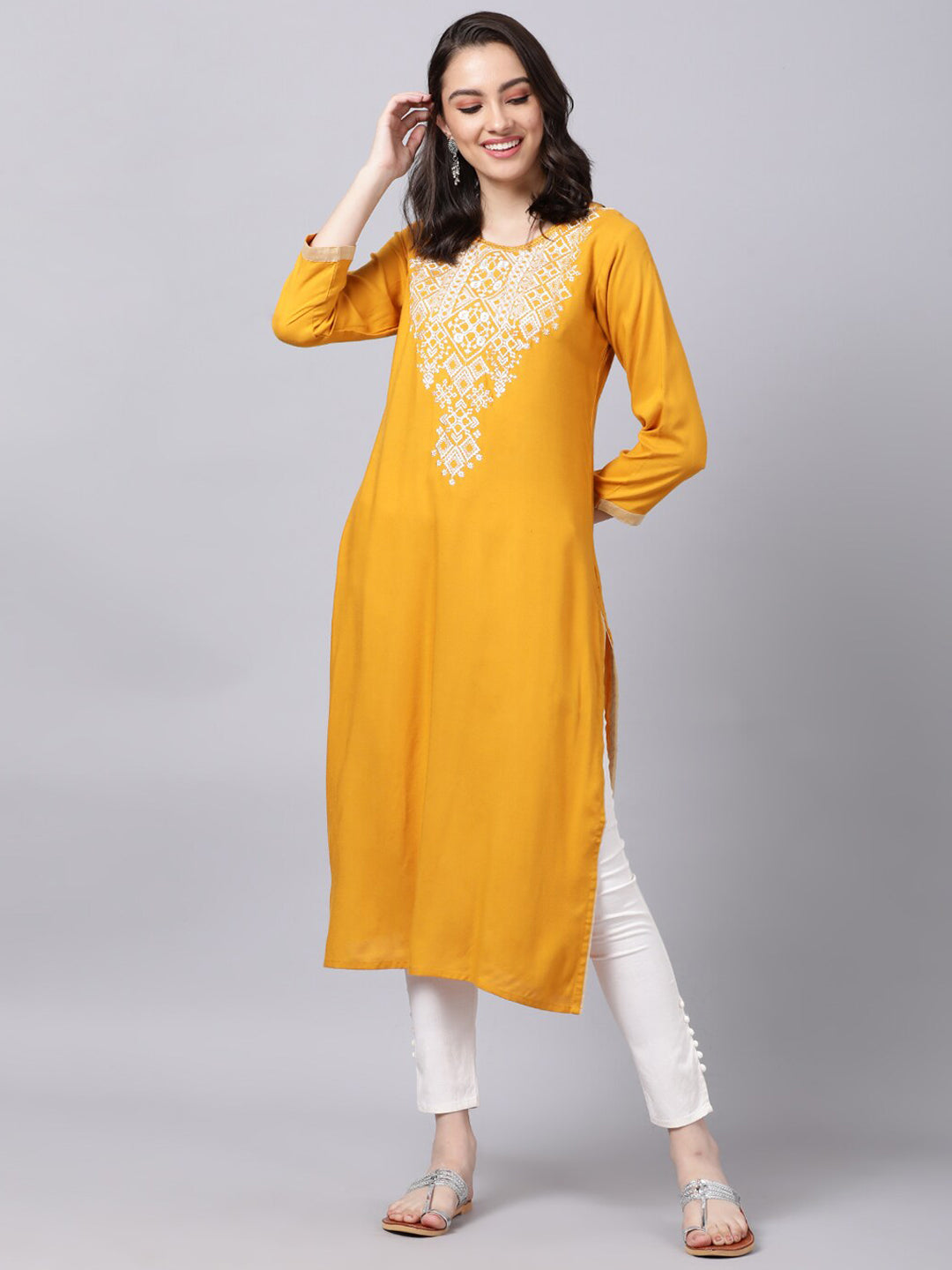 Souchii Women Tan & White Geometric Yoke Design Thread Work Grandeur & Majestic Artwork Kurta - Distacart