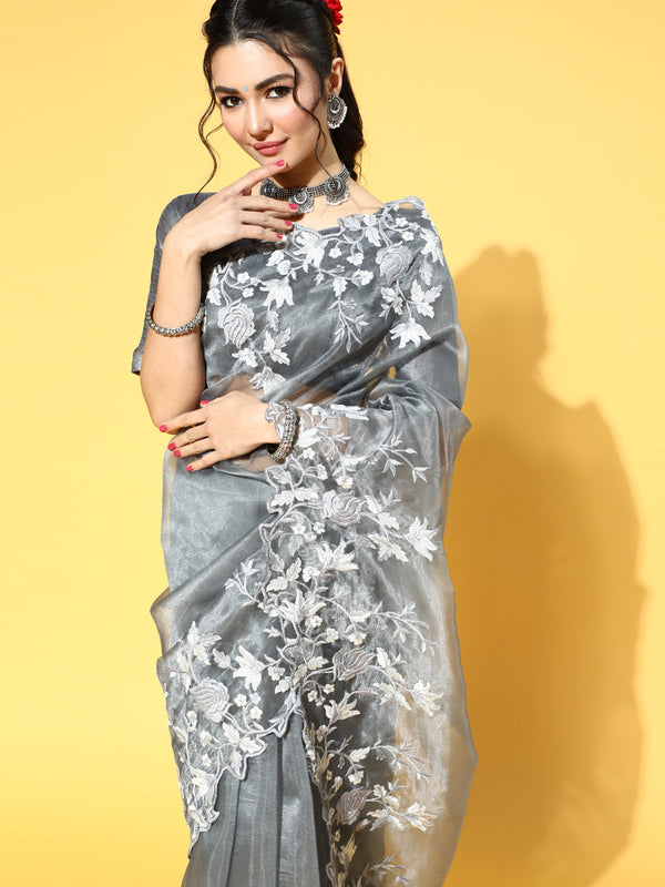 Mitera Floral Saree With Embroidered Border - Distacart