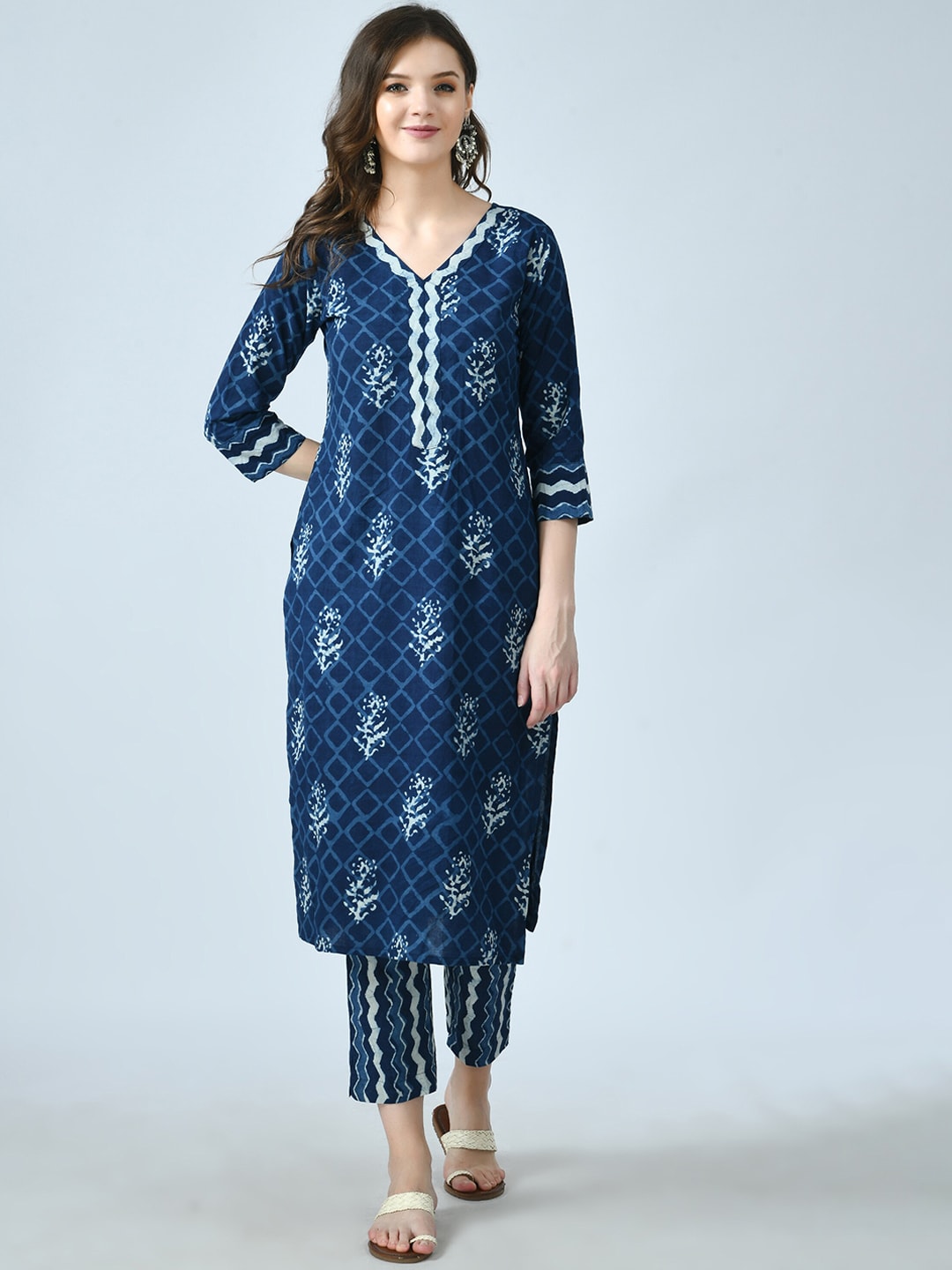 Kalini Floral Printed V Neck Pure Cotton Kurta With Trousers & Dupatta - Distacart