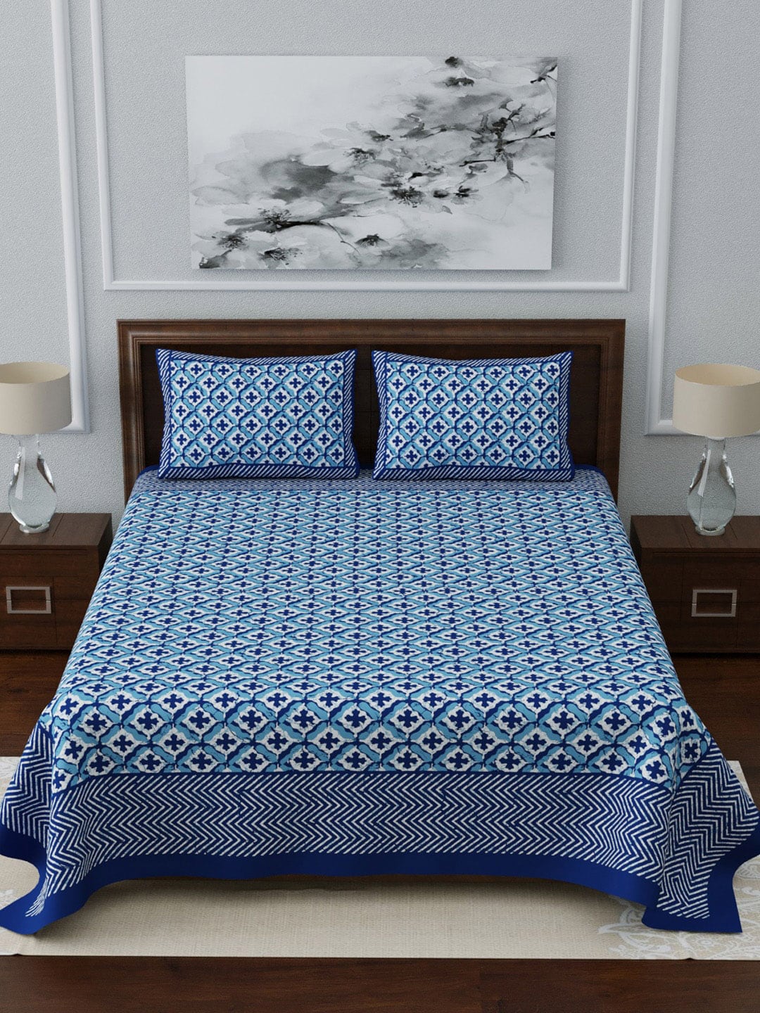 LIVING ROOTS Blue & White Ethnic Motifs 210 TC King Bedsheet With 2 Pillow Covers - Distacart