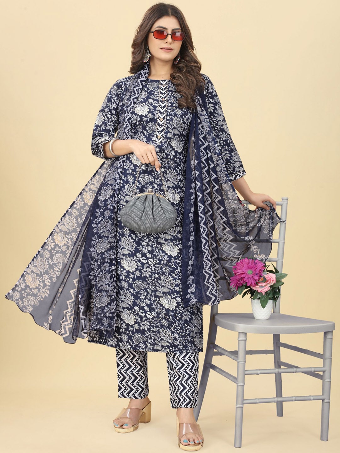Kalini Floral Printed Gotta Patti Kurta with Trousers & Dupatta - Distacart