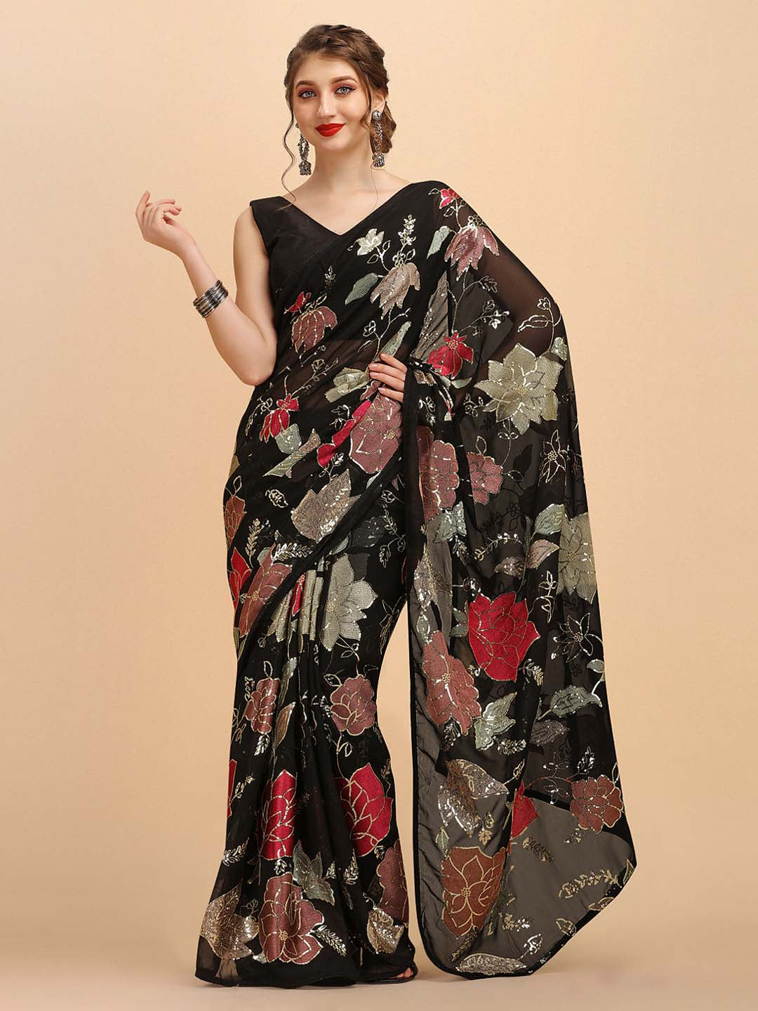 Sangria Black & Red Floral Sequinned Pure Georgette Saree - Distacart