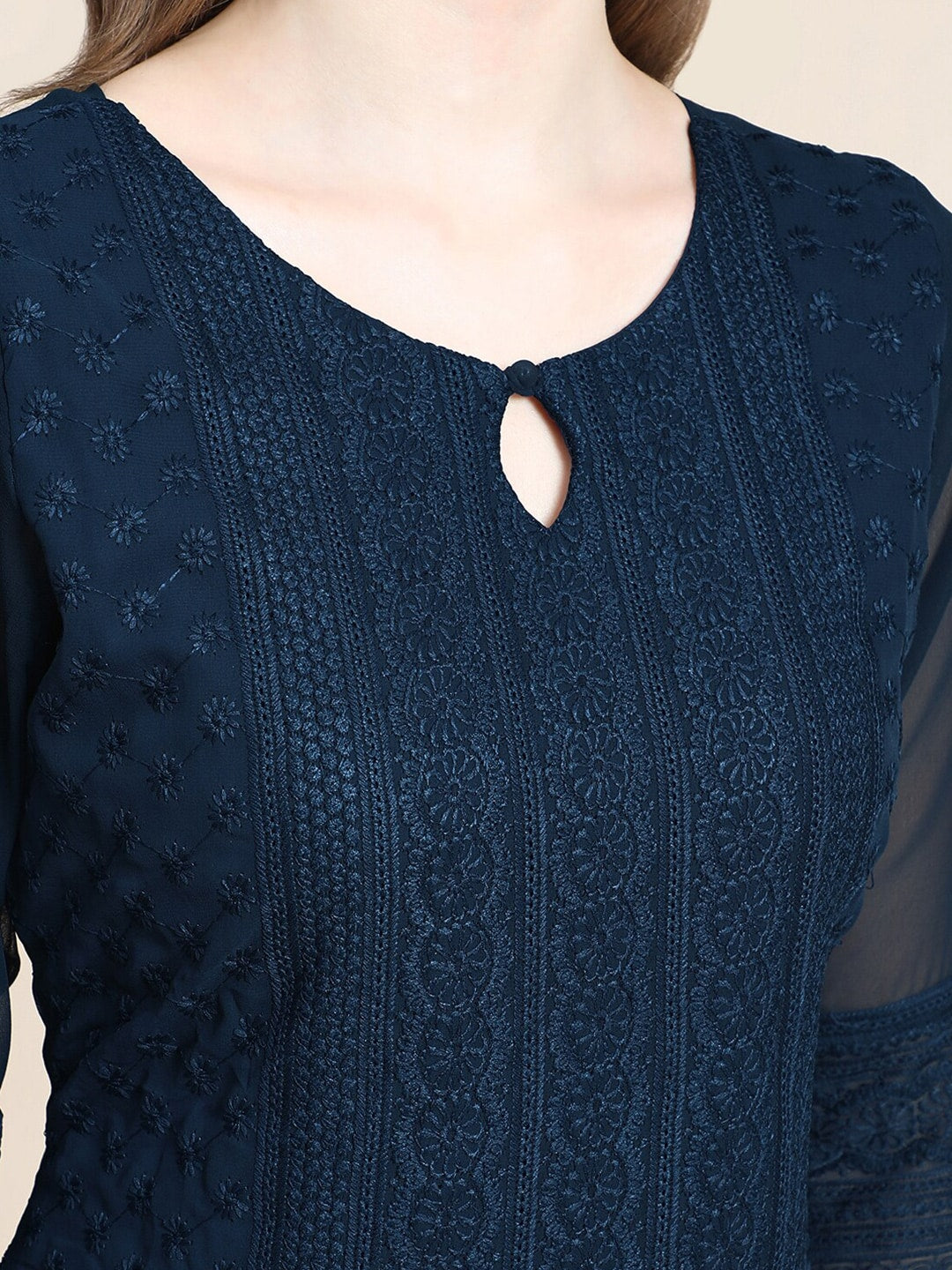 Kalini Women Blue Embroidered Thread Work Floral Georgette Kurta - Distacart