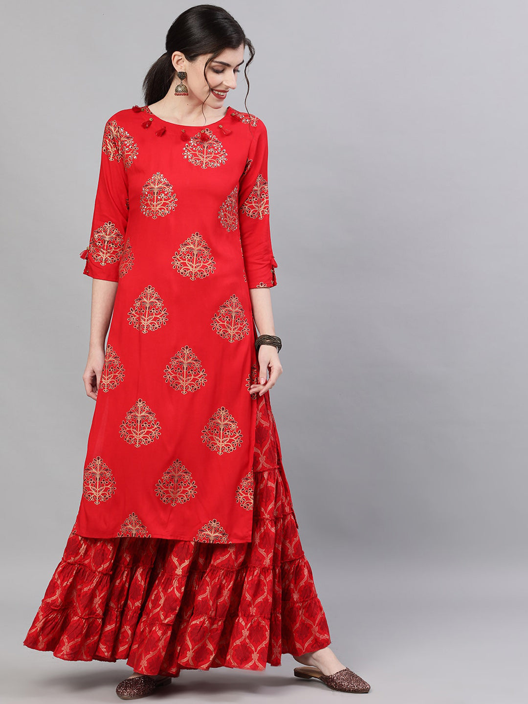 Ishin Women Red Printed A-Line Kurta with Skirt - Distacart