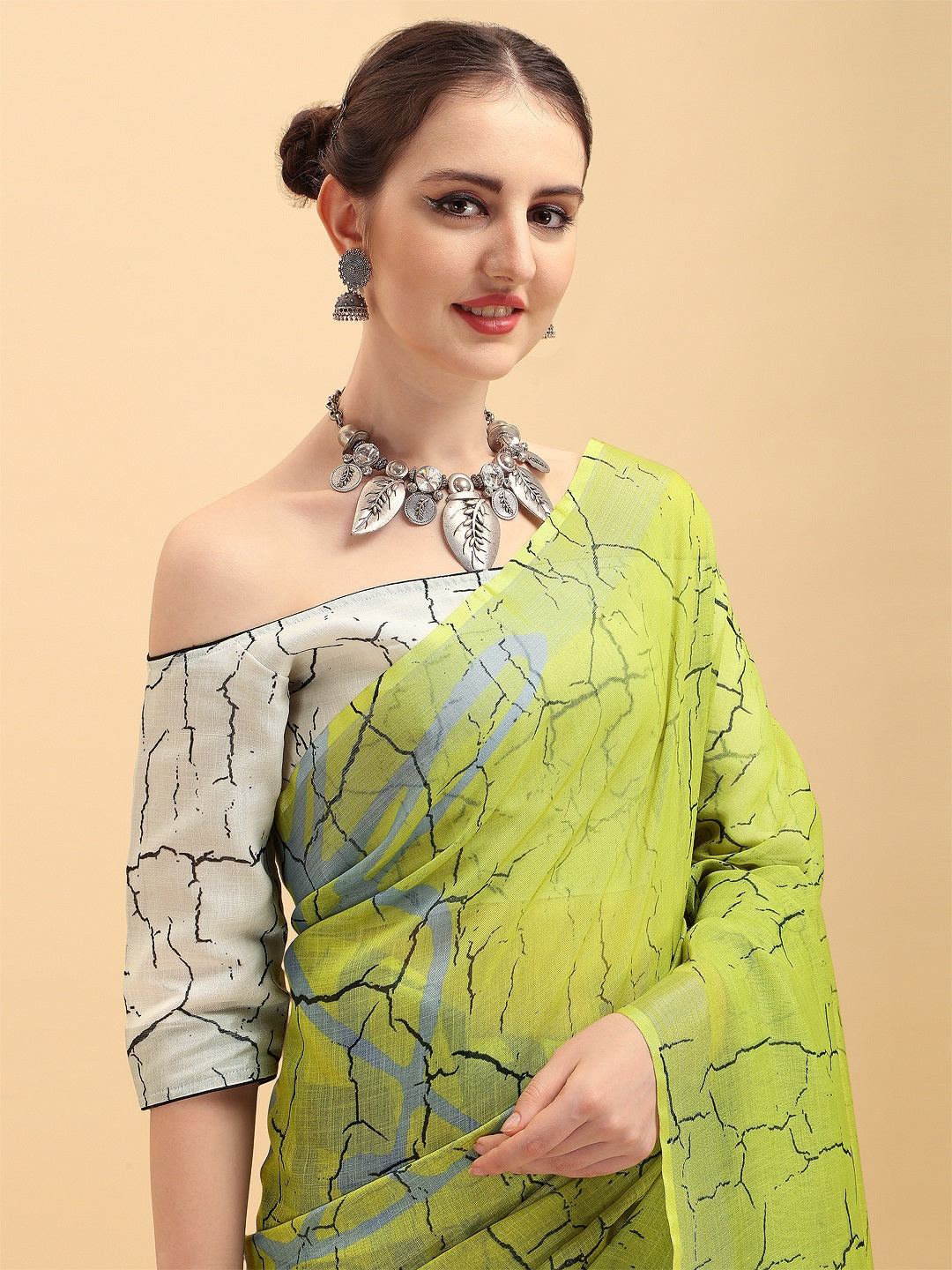 Sangria Lime Green & Grey Tie and Dye Pure Linen Saree - Distacart