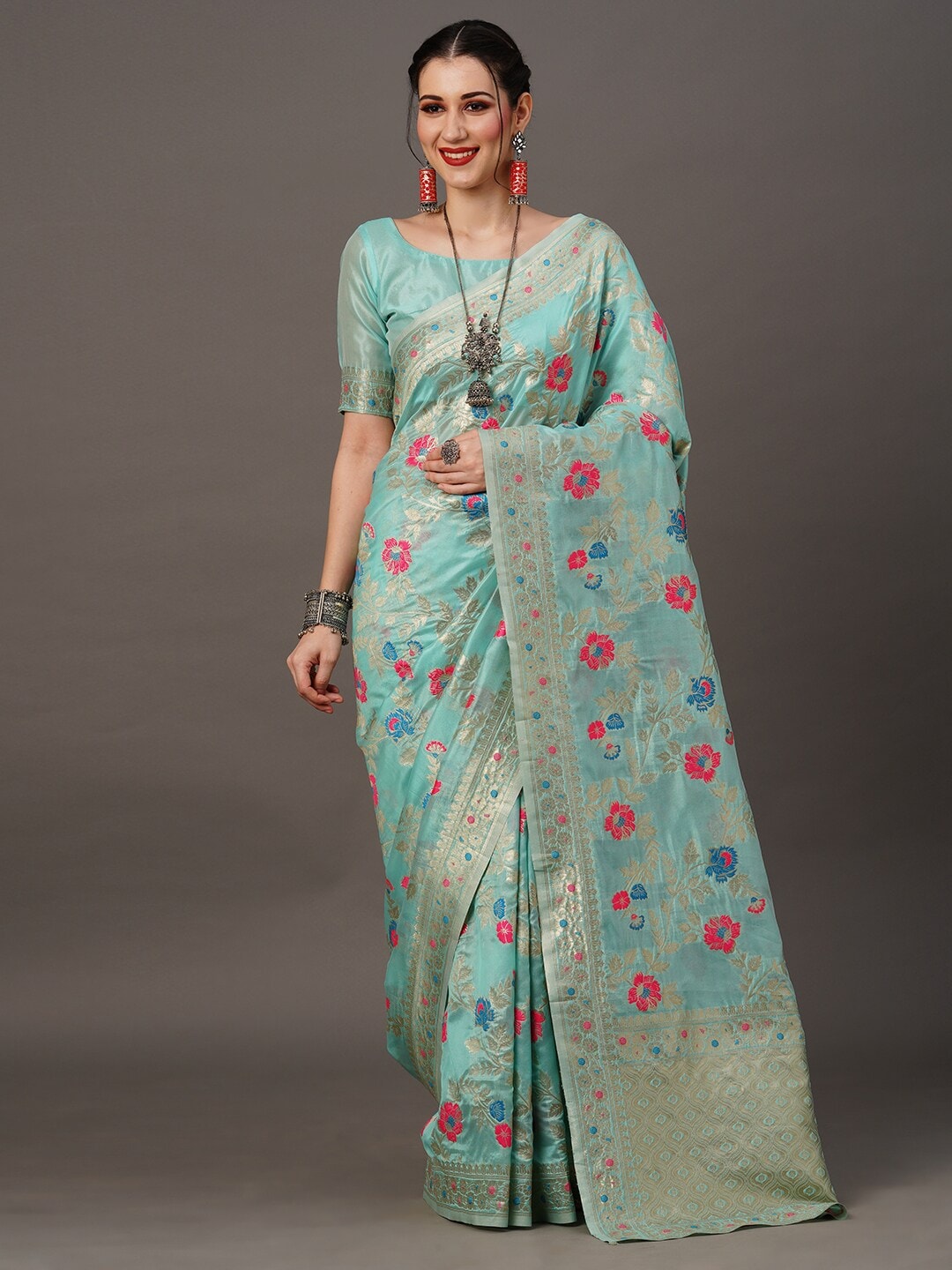 Mitera Floral Organza Banarasi Zari Saree With Blouse Piece - Distacart