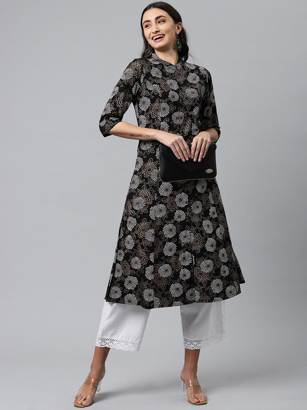 HERE&NOW Mandarin Collar Floral Printed Cotton Kurta - Distacart