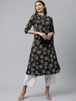 Thumbnail for HERE&NOW Mandarin Collar Floral Printed Cotton Kurta - Distacart