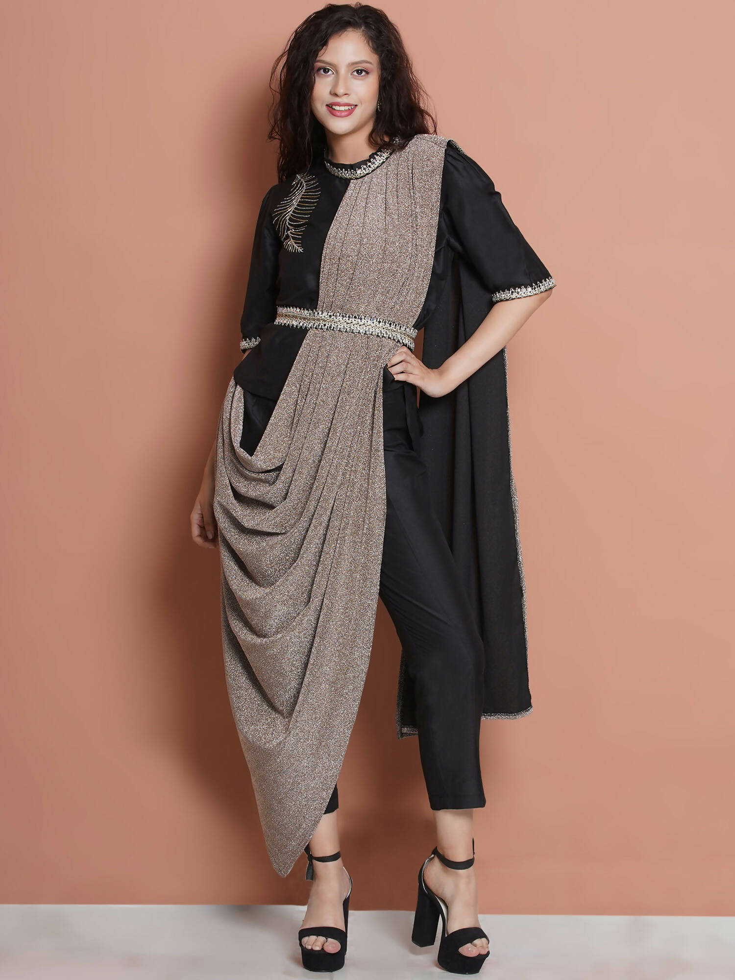 Women Republic Black Cotton Blended Set with Attached Drape - Distacart