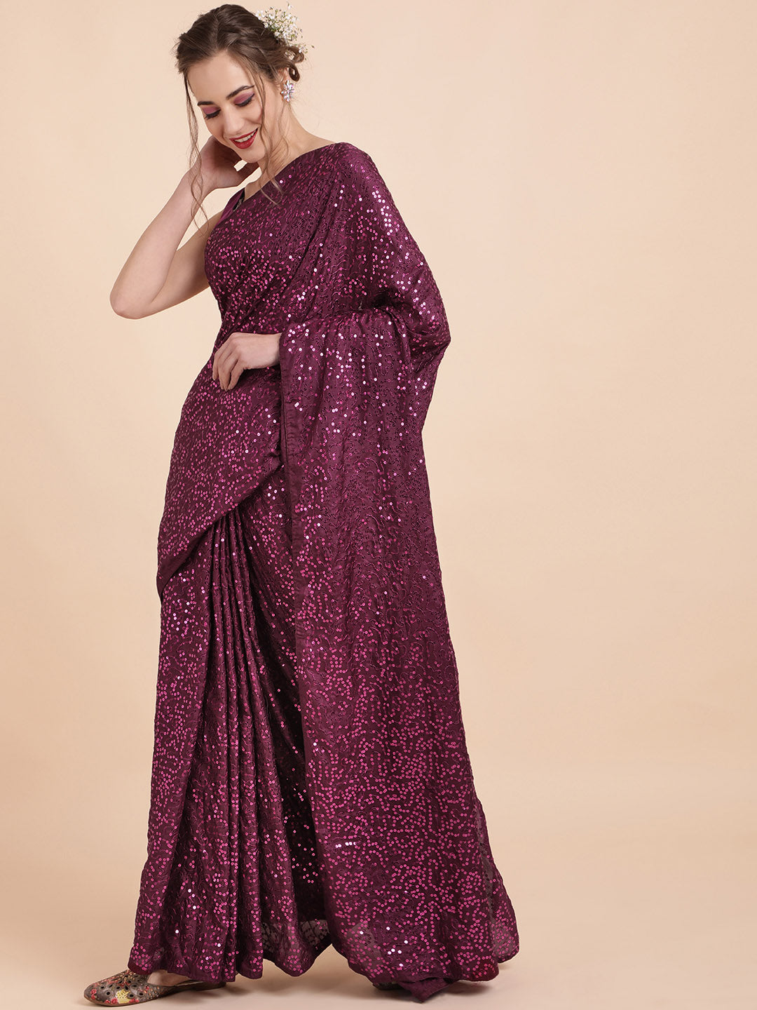 Sangria Burgundy Embellished Sequinned Pure Georgette Saree - Distacart