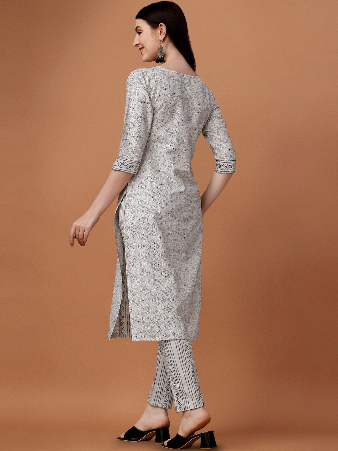 HERE&NOW White & Black Ethnic Motifs Printed Pure Cotton Kurta With Trousers & Dupatta - Distacart