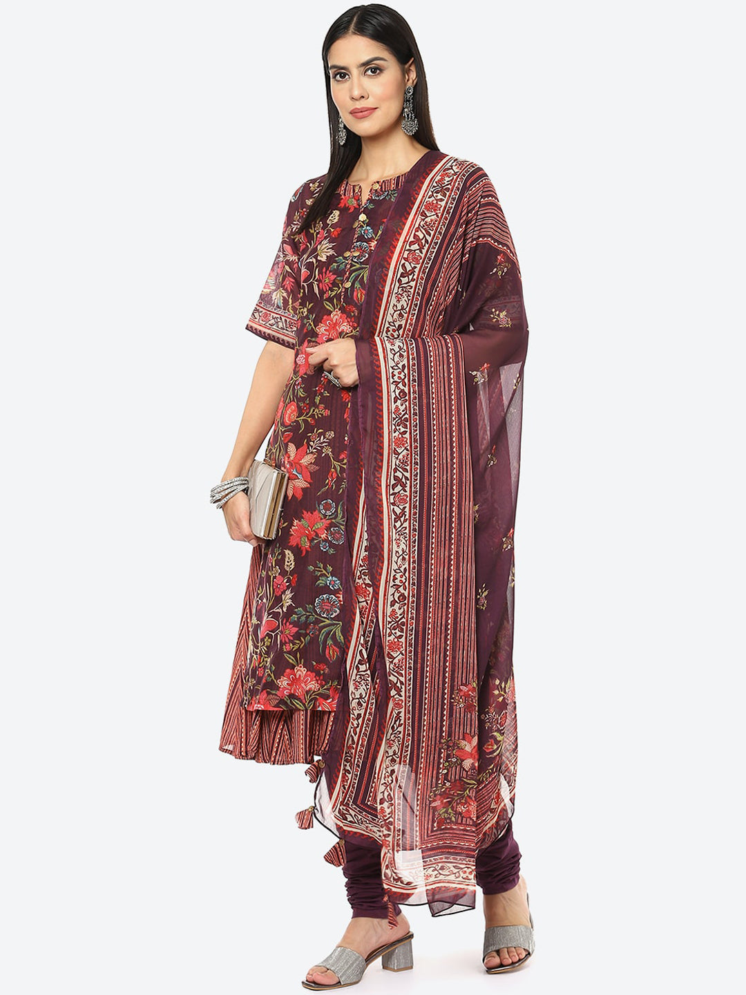 Biba Women Plus size Maroon Floral Printed Layered Kurta with Churidar & Dupatta - Distacart