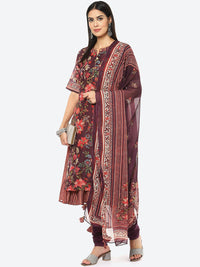 Thumbnail for Biba Women Plus size Maroon Floral Printed Layered Kurta with Churidar & Dupatta - Distacart