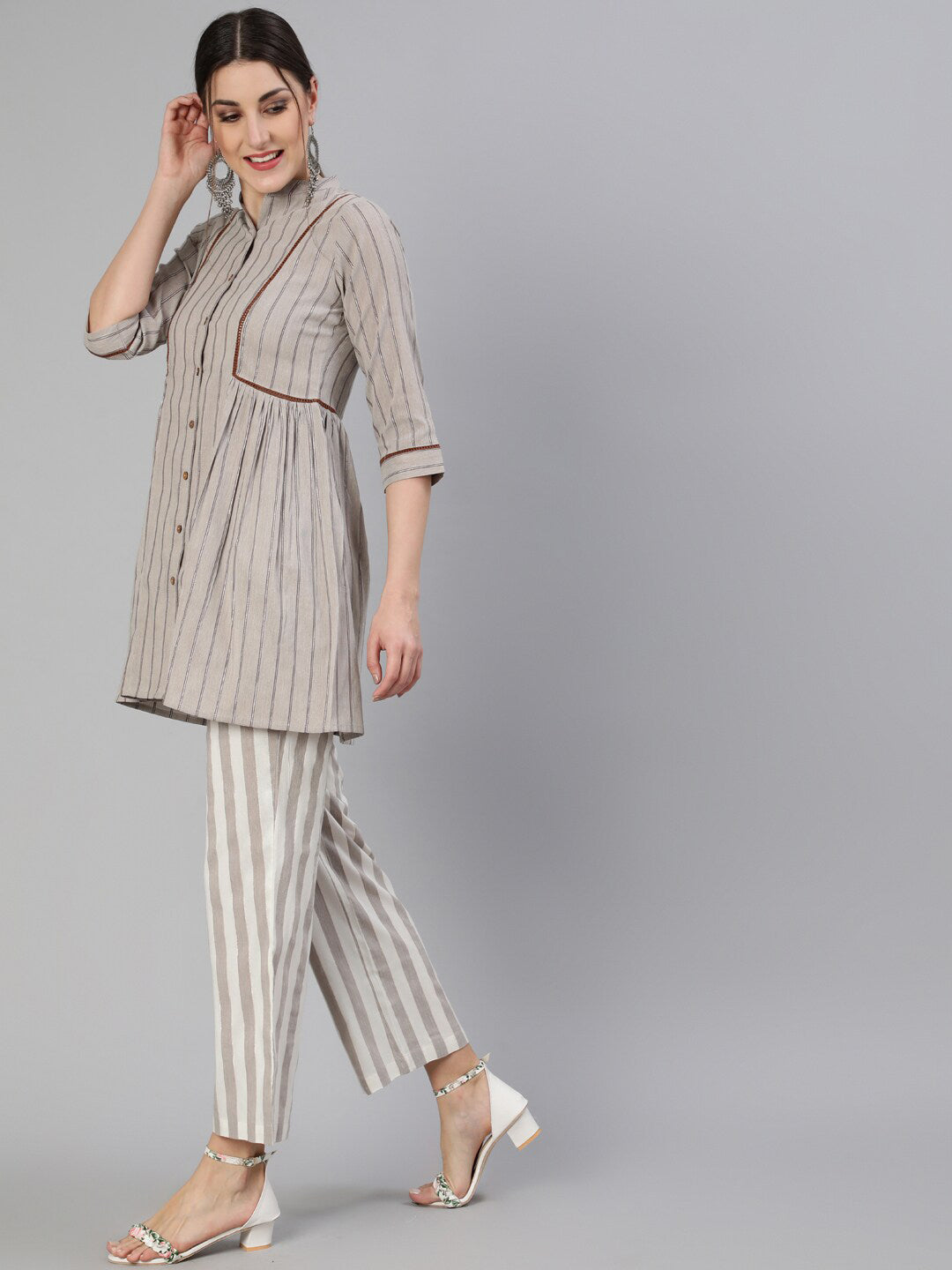 Jaipur Kurti Women Grey Striped Co-Ords - Distacart