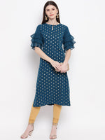 Thumbnail for Janasya Teal Blue Geometric Printed Keyhole Neck Flared Sleeves Crepe Kurta - Distacart