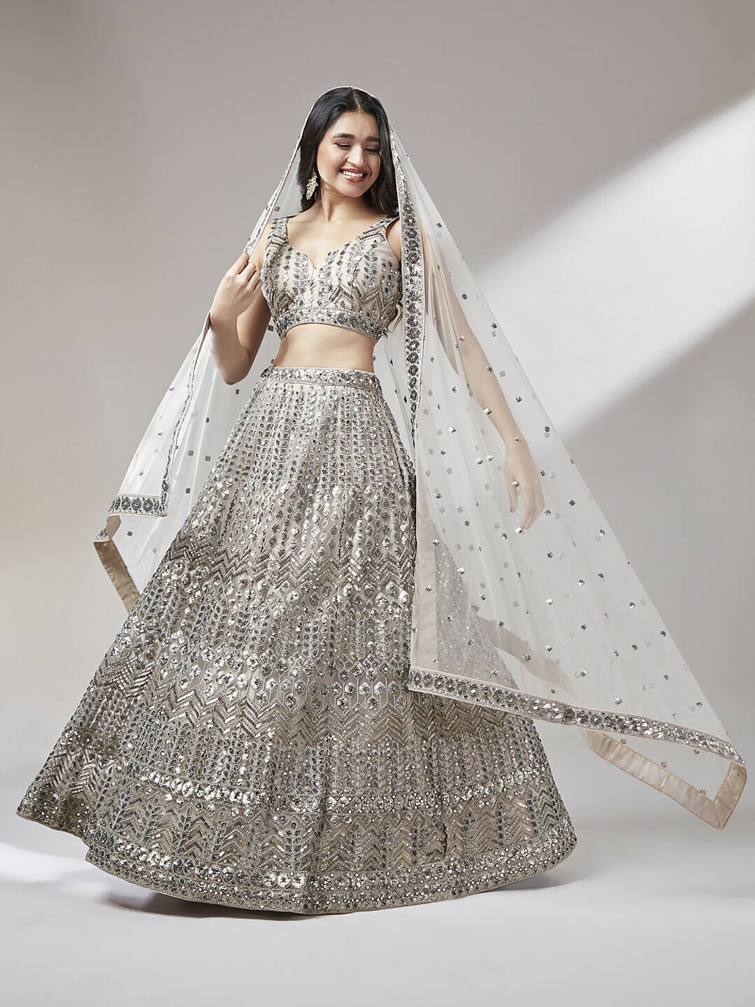 House of Panchhi Beige - Net Mirror & Sequins Embroiderey Lehenga choli - Distacart