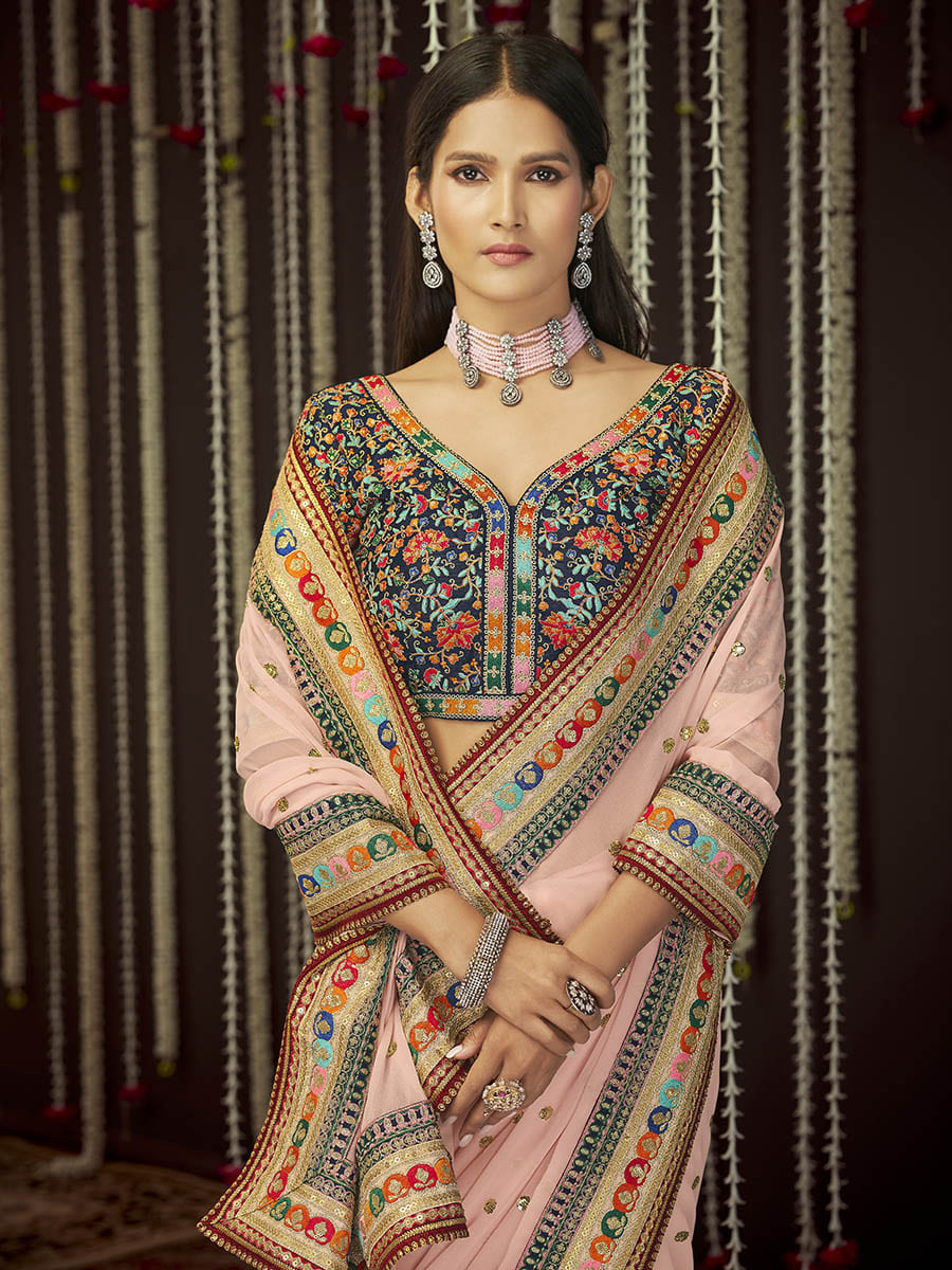 Myra Baby Pink Art Silk Heavy Embroidered Designer Saree - Distacart