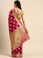 Thumbnail for Mitera Pink & Golden Floral Zari Organza Kanjeevaram Saree - Distacart