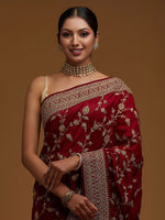 Thumbnail for Koskii Maroon Floral Embroidered Art Silk Heavy Work Saree - Distacart