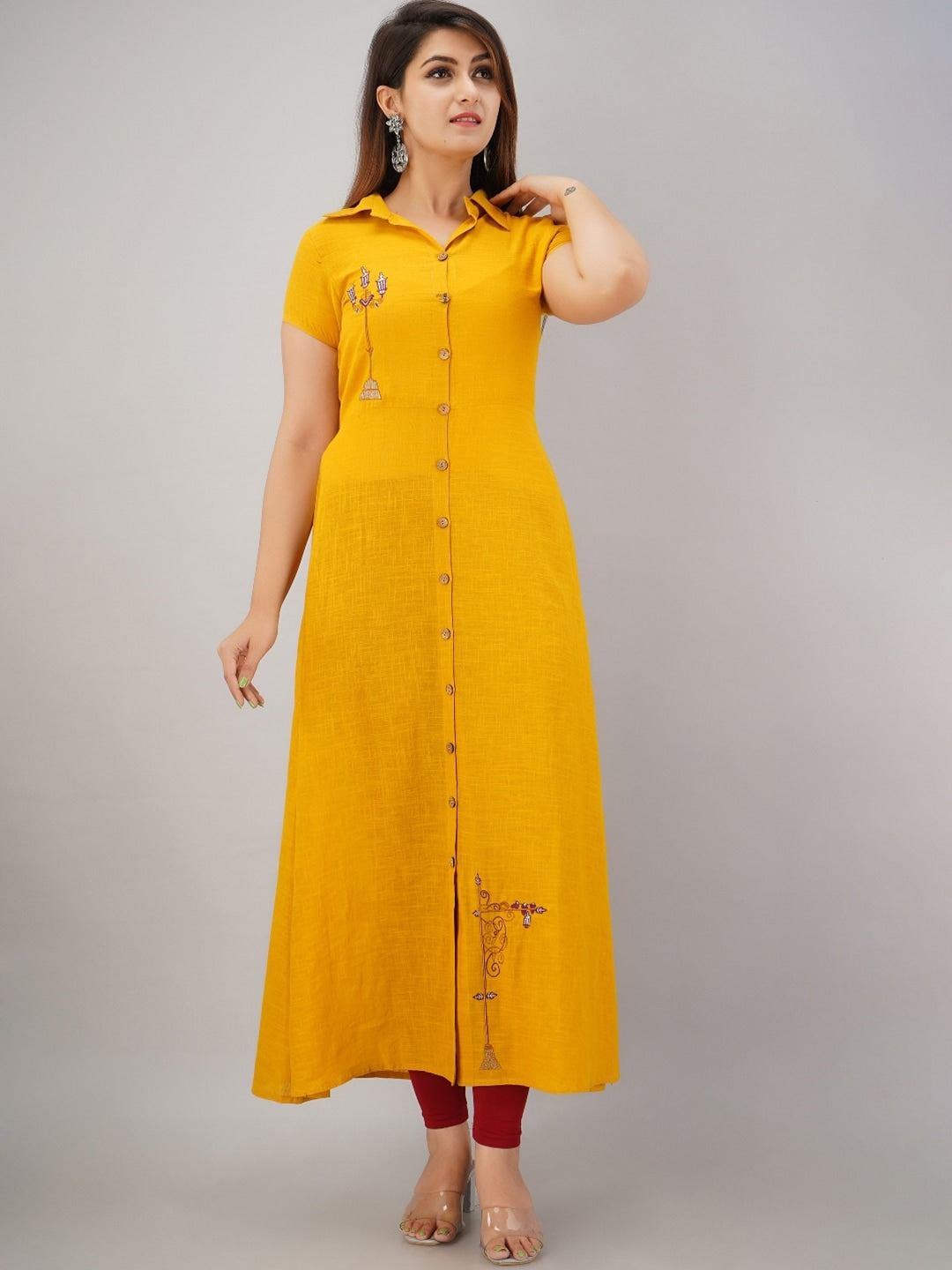 HERE&NOW Mustard Yellow Shirt Collar Thread Work A-Line Kurta - Distacart