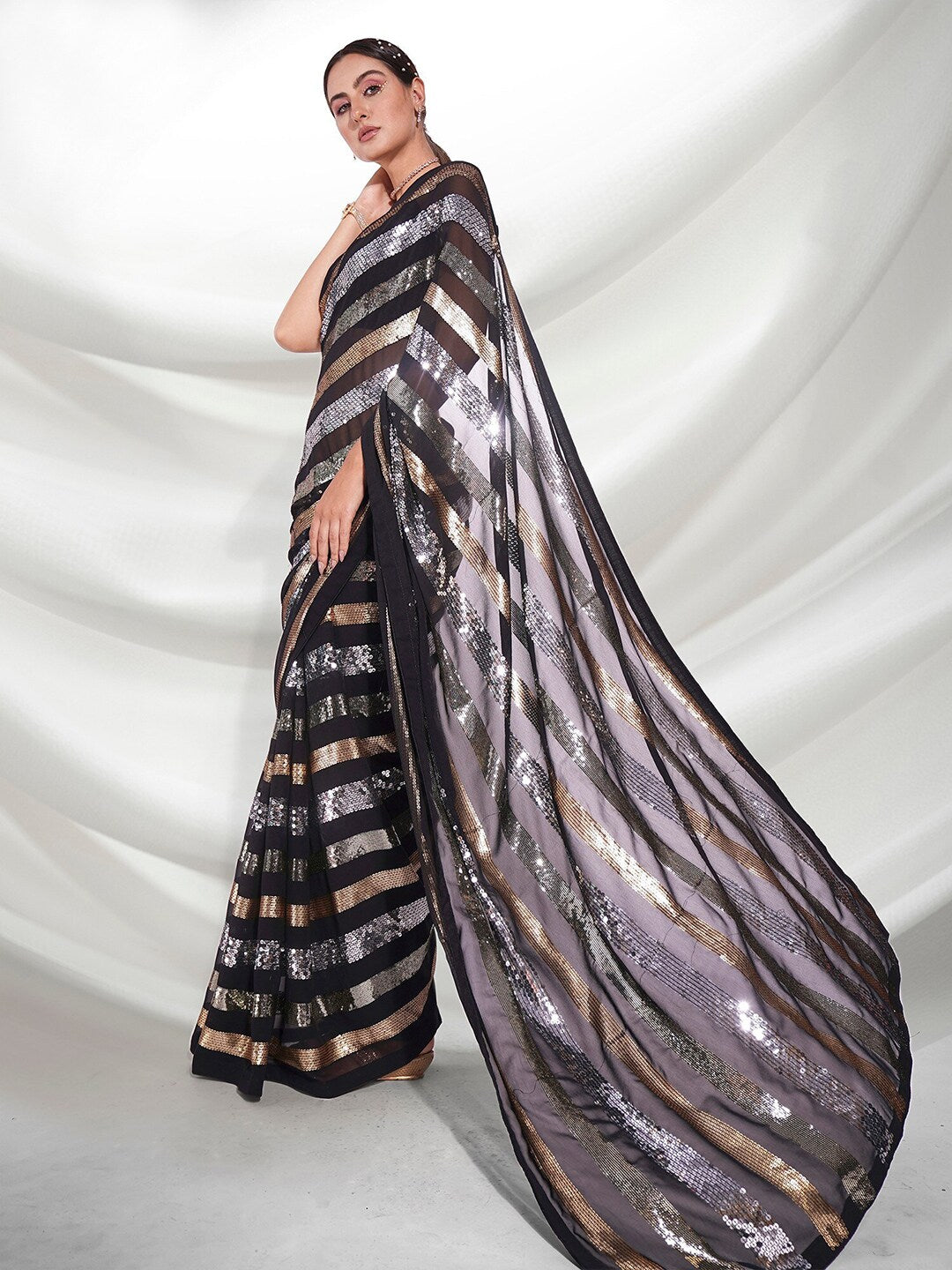 Mitera Black & Gold-Toned Striped Sequinned Pure Georgette Saree - Distacart