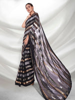 Thumbnail for Mitera Black & Gold-Toned Striped Sequinned Pure Georgette Saree - Distacart