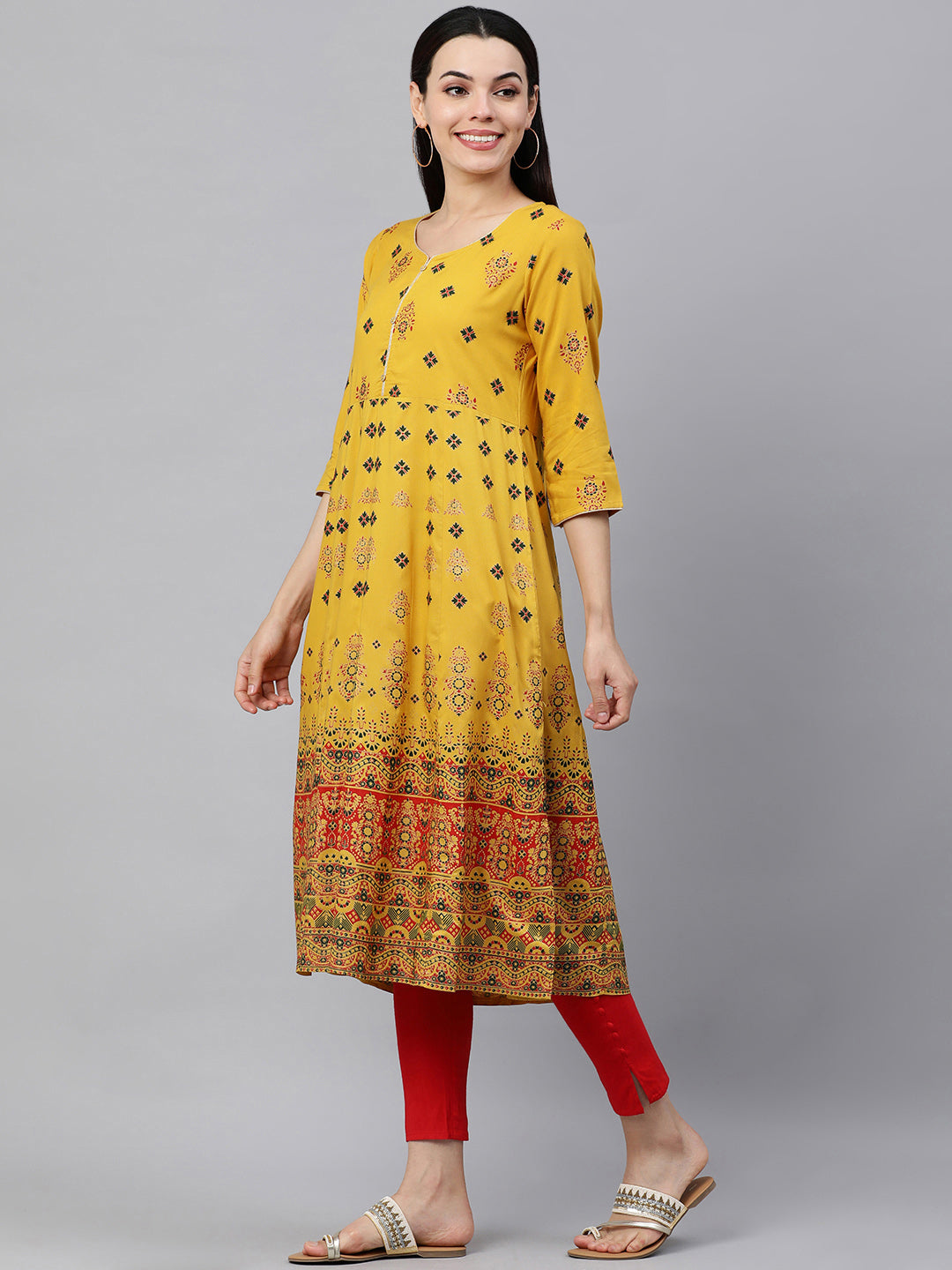 Kalini Women Yellow & Red Ethnic Motifs Printed A-Line Kurta - Distacart